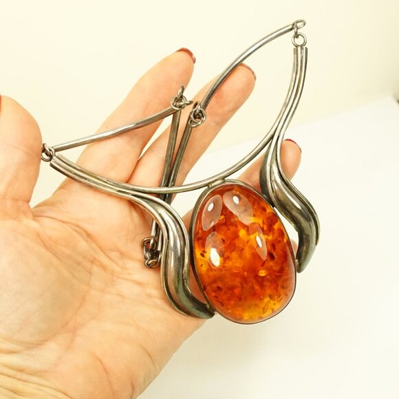 Giant Amber Link Necklace Set In 925 Silver - One-Of-A-Kind Artisan Jewelry - Picture 14 of 14
